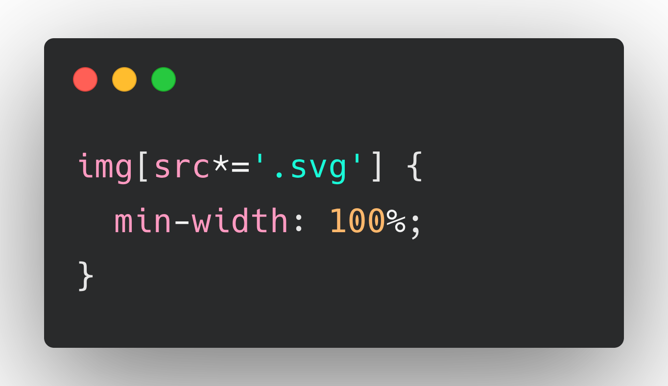 CSS that reads: img[src*='.svg'] { min-width: 100%; }